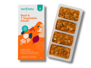 Tiny Turtle beef and 7 vegetable pasta packaging on a white background
