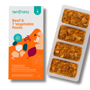 Tiny Turtle beef and 7 vegetable pasta packaging on a white background