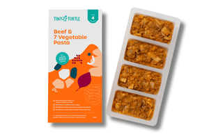 Tiny Turtle beef and 7 vegetable pasta packaging on a white background