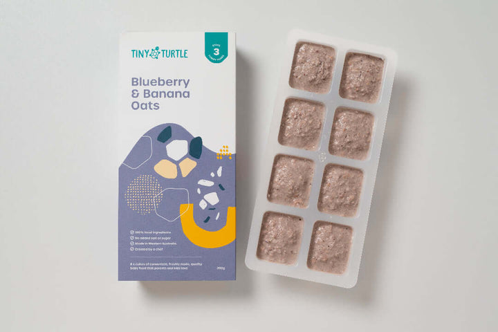 Tiny Turtle Baby Cereal with blueberry and bananasin packaging 