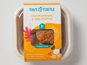 Tiny Turtle Carrot Banana and chia muffins finger food pack with 5 muffins, suitable for babies and toddlers made with local ingredients.