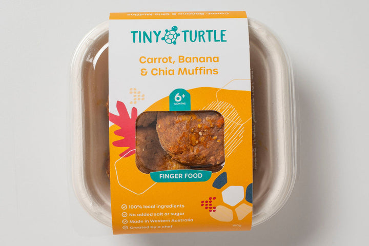 Tiny Turtle Carrot Banana and chia muffins finger food pack with 5 muffins, suitable for babies and toddlers made with local ingredients.