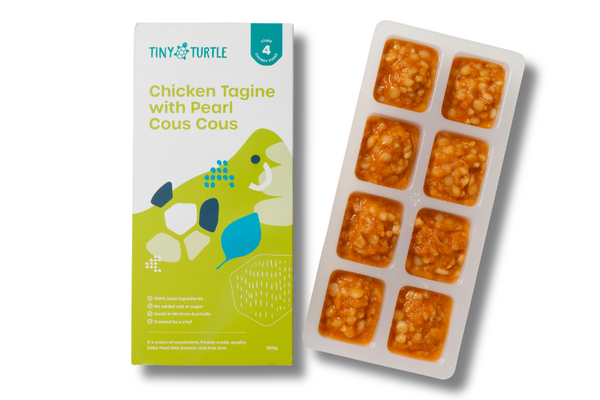 Tiny Turtle baby food packaging with chicken tagine and pearl couscous on a white background