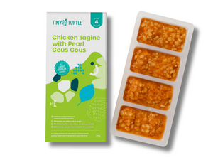 Tiny Turtle baby food packaging with chicken tagine and pearl couscous on a white background
