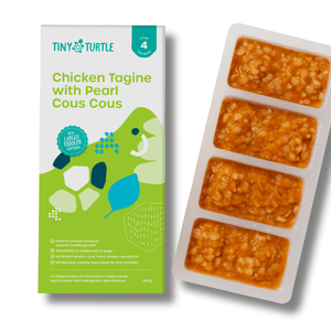 Tiny Turtle baby food packaging with chicken tagine and pearl couscous on a white background