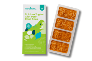 Tiny Turtle baby food packaging with chicken tagine and pearl couscous on a white background