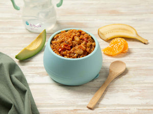 Greek Chicken Tomato Risoni  in blue Bowl