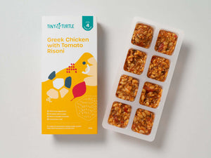 Tiny Turtle Greek Chicken with Tomato Risoni baby food with packaging and tray of 8 frozen portions