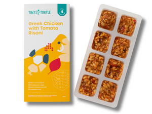 Tiny Turtle food packaging with frozen food cubes on a white background