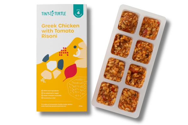 Tiny Turtle food packaging with frozen food cubes on a white background