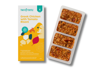 Tiny Turtle Greek Chicken with Tomato Risoni food packaging and trays on a white background