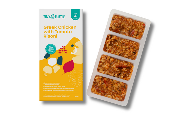 Tiny Turtle Greek Chicken with Tomato Risoni food packaging and trays on a white background