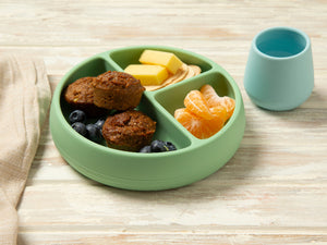 Tiny Turtle Pear Blueberry Muffin on a plate with cheese and mandarin