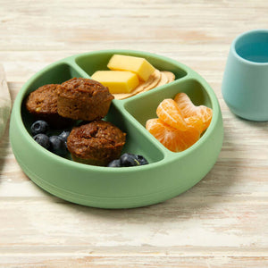 Tiny Turtle Pear Blueberry Muffin on a plate with cheese and mandarin