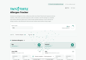 A screenshot of a digital Allergen Tracker app interface by Tiny Turtle, showing a baby's exposure log with fields for baby name, allergens, and a list of tracked foods and common allergens.