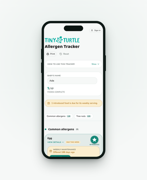 A black smartphone mockup centered on a light gray background, displaying a pet-feeding app screen titled 'TINY TURTLE Allergen Tracker' with fields and status indicators.