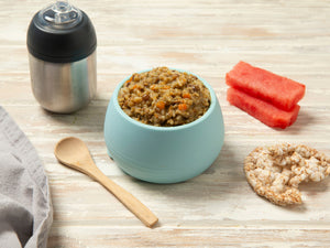 Blue bowl containing toddler meal lamb and lentil pilaf rice