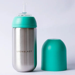 Lion and Lady stainless steel straw cup, BPA-free, 350ml, perfect for toddlers, with turquoise lid and collar.