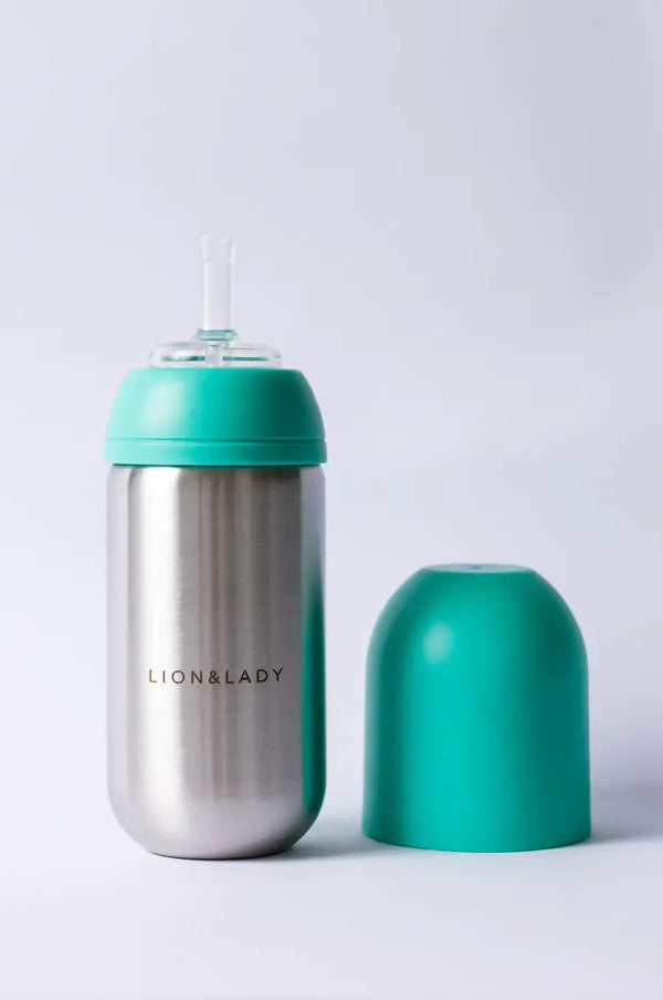 Lion and Lady stainless steel straw cup, BPA-free, 350ml, perfect for toddlers, with turquoise lid and collar.