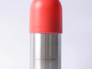 Lion and Lady stainless steel straw cup, 350ml, with red lid, perfect for toddler hydration on the go.