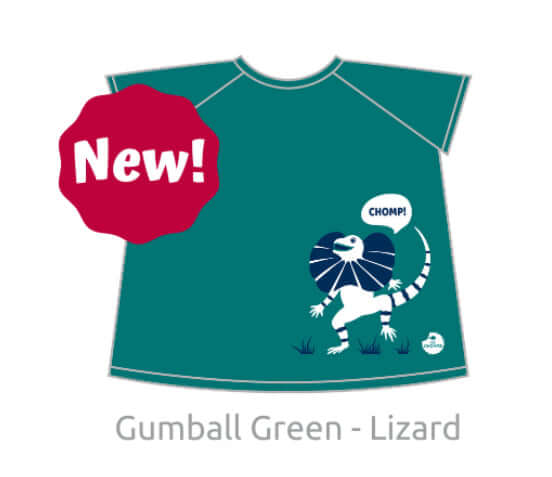 Teal smock with a lizard graphic and 'New!' label on a white background