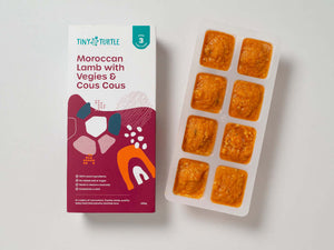 Moroccan Lamb stage 3 baby puree with 8 frozen cubes next to packaging