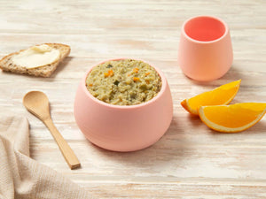 Tiny turtle stage 3 Salmon with coconut and herbs in a baby bowl with orange slices and bread