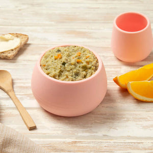 Tiny turtle stage 3 Salmon with coconut and herbs in a baby bowl with orange slices and bread