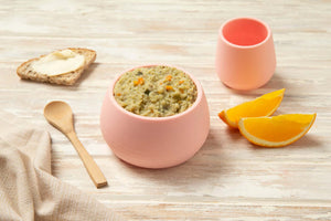 Tiny turtle stage 3 Salmon with coconut and herbs in a baby bowl with orange slices and bread