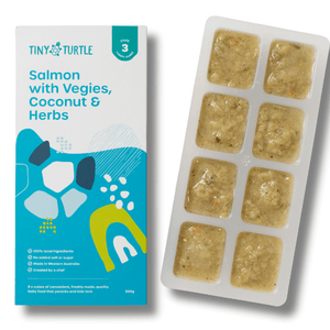 Salmon with vegies coconut and herbs Stage 3 baby food by Tiny Turtle, featuring lumpy textured puree in tray next to packaging.