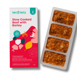 Tiny Turtle baby food packaging with slow cooked beef and barley on a white background