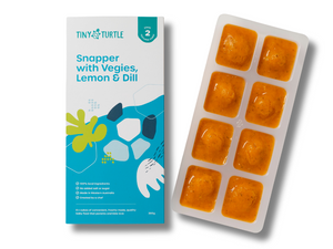 Tiny Turtle snack packaging with orange snack shapes and a blue label on a white background
