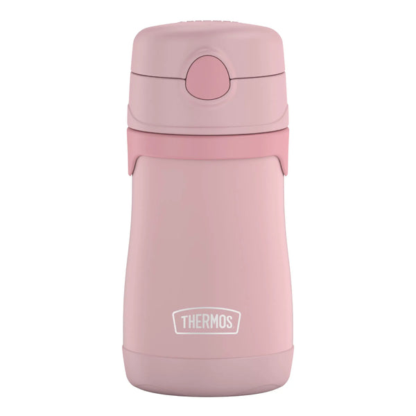 Pink thermos bottle with Thermos logo on a white background