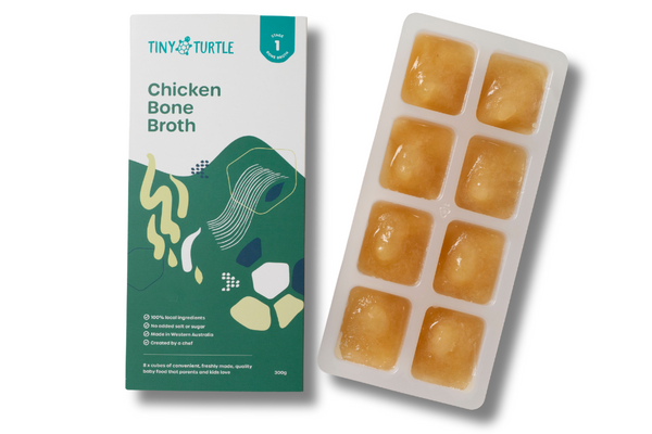 Tiny Turtle Chicken Bone Broth packaging with broth cubes on a white background