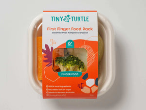 First Finger Food Pack containing steamed pumpkin, broccoli, and pear, perfect for baby-led weaning.