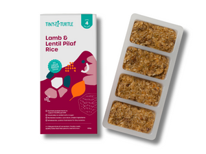 Tiny Turtle toddler food packaging with lamb and lentil pilaf rice on a white background