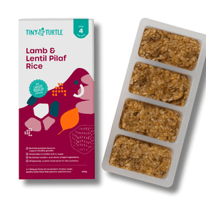 Tiny Turtle toddler food packaging with lamb and lentil pilaf rice on a white background