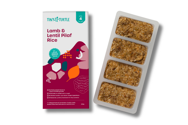 Tiny Turtle toddler food packaging with lamb and lentil pilaf rice on a white background