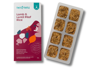 Tiny Turtle lamb and lentil pilaf rice packaging and tray on a white background