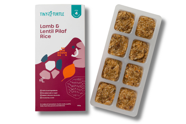 Tiny Turtle lamb and lentil pilaf rice packaging and tray on a white background
