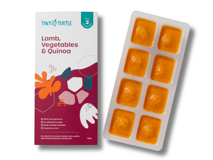 Tiny Turtle baby food packaging with a tray of orange squares on a white background