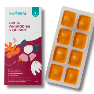 Tiny Turtle baby food packaging with a tray of orange squares on a white background
