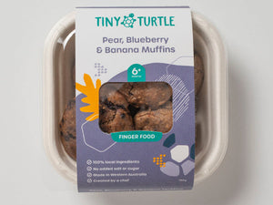 toddler food blueberry and banana muffins in Tiny Turtle packaging 