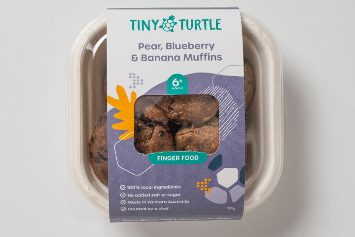 toddler food blueberry and banana muffins in Tiny Turtle packaging 