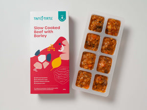 Tiny Turtle Stage Four Slow Cooked Beef and Barley in trays, perfect for babies 10 months and older.