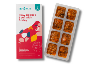Tiny Turtle Stage Four Slow Cooked Beef and Barley in trays, perfect for babies 10 months and older.