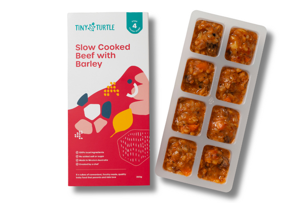 Tiny Turtle Stage Four Slow Cooked Beef and Barley in trays, perfect for babies 10 months and older.