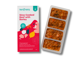 Tiny Turtle baby food packaging with slow cooked beef and barley on a white background