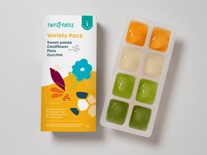 Tiny Turtle Variety Pack with purees of sweet potato, cauliflower, peas, and zucchini for starting solids.