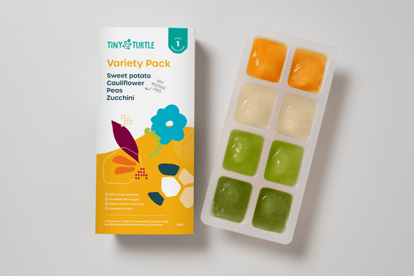 Tiny Turtle Variety Pack with purees of sweet potato, cauliflower, peas, and zucchini for starting solids.